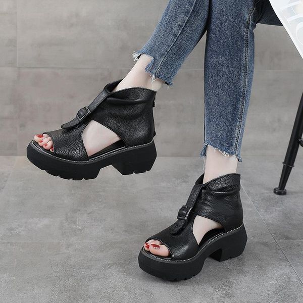 

genuine leather roman sandals womens flat 2021 summer new cowhide mid heel retro ethnic style thick bottom soft bottom peep toe shoes top, Black