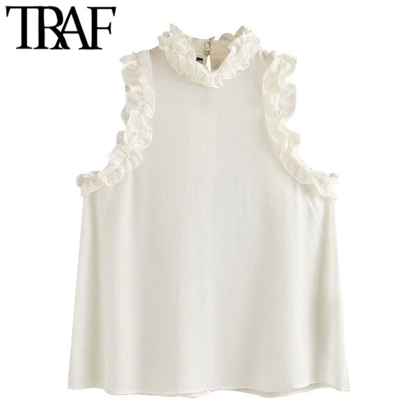 TRAF Kadınlar Seksi Moda İnci Boncuk Bkz. Fırfır Bluzlar Vintage Yüksek Boyun Kolsuz Kadın Gömlek Chic Tops 210719