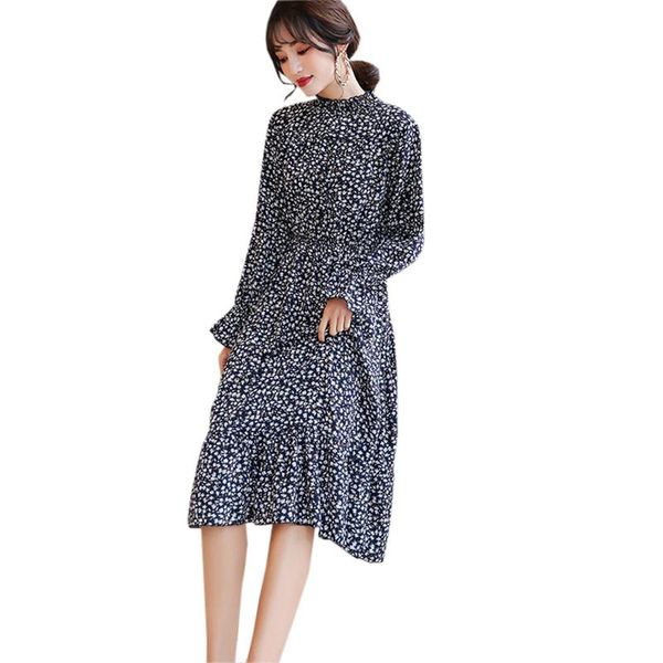 

casual dresses 2021 spring summer women chiffon dress floral print round neck long elegant sleeve re0485, Black;gray
