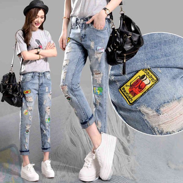 

spring summer women hole fashion chic embroidered patch ripped jeans female hallen nine-point denim pants 458 ejp3, Blue