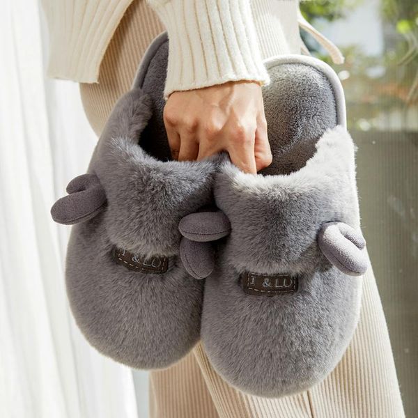 

slippers lovers plush cotton female household indoor cute home warm non-slip couple floor men, Black