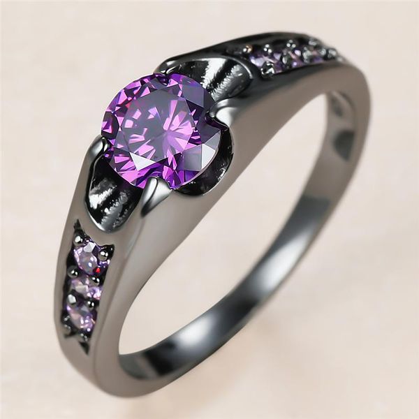 

wedding rings dainty female purple crystal stone ring charm 14kt black gold for women vintage round zircon engagement, Slivery;golden