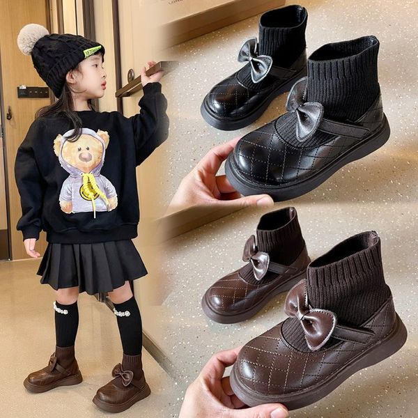 

boots girls leather fashion princess children socks ankle high with bow-knot kids school shoes retro autumn sweet, Black;grey