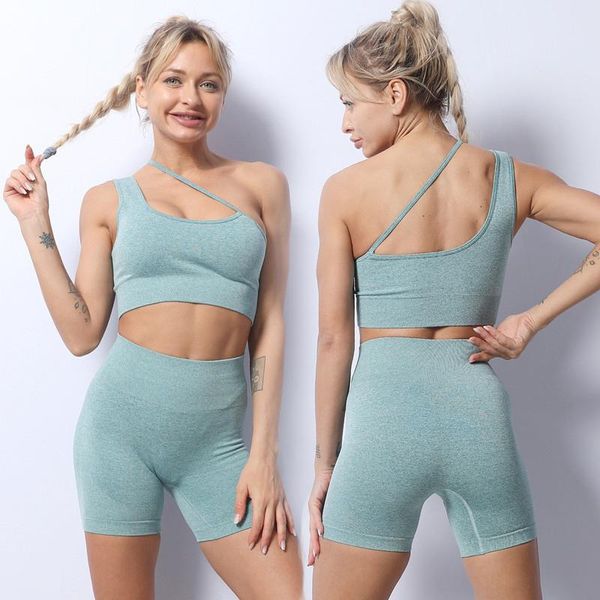 

yoga outfit one shoulder set women seamless gym sport sports bra clothes fitness crop shirt high waist shorts sportswear