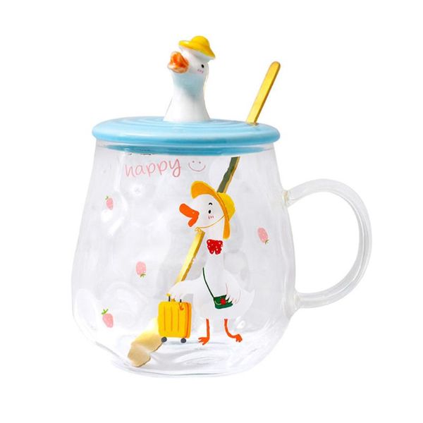 

mugs 1pc glass mug adorable cartoon coffee drink cup with lid and spoon (blue)