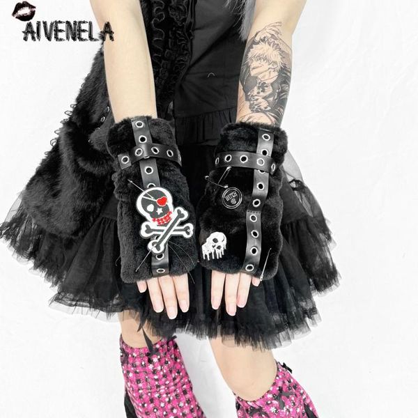 

five fingers gloves harajuku punk girls skull patch fingerless mittens glove gothic faux fur streetwear winter afc1284, Blue;gray
