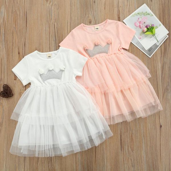 

girl's dresses summer fall fashion sweet kids dress girls crown pattern round collar short sleeve layered princess white/pink, Red;yellow