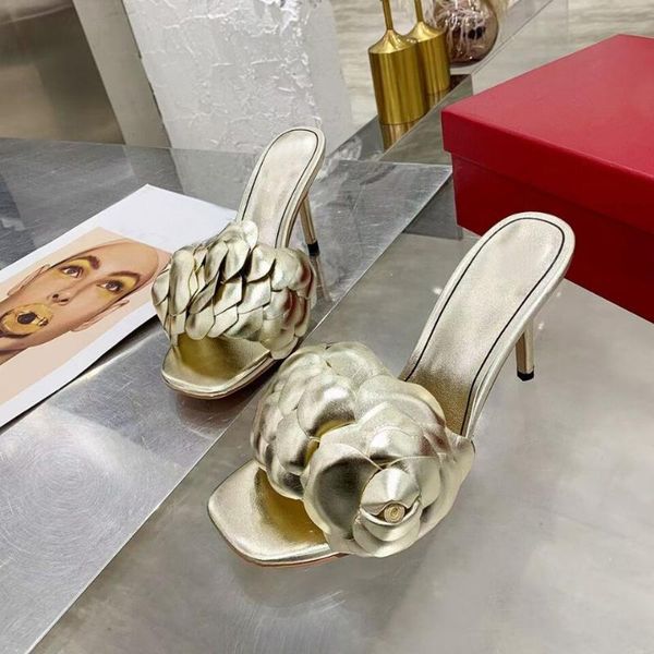 

thin high heel slippers women flower decor open toe sandals summer party dress shoes stilettos, Black