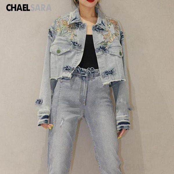 

women's jackets streetwear women short tassels denim jacket 2021 hip hop floral embroidery bow jeans coat, Black;brown