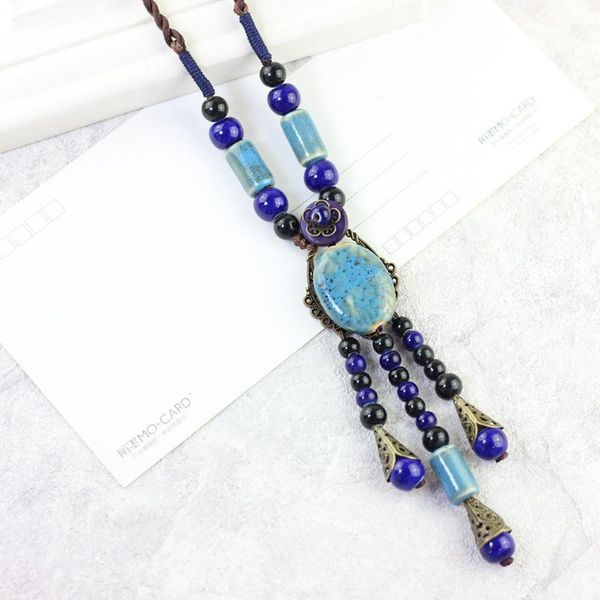 

vintage ethnic style long sweater chain fashion girl women ceramic beads pendant necklace jewelry accessories necklaces, Silver