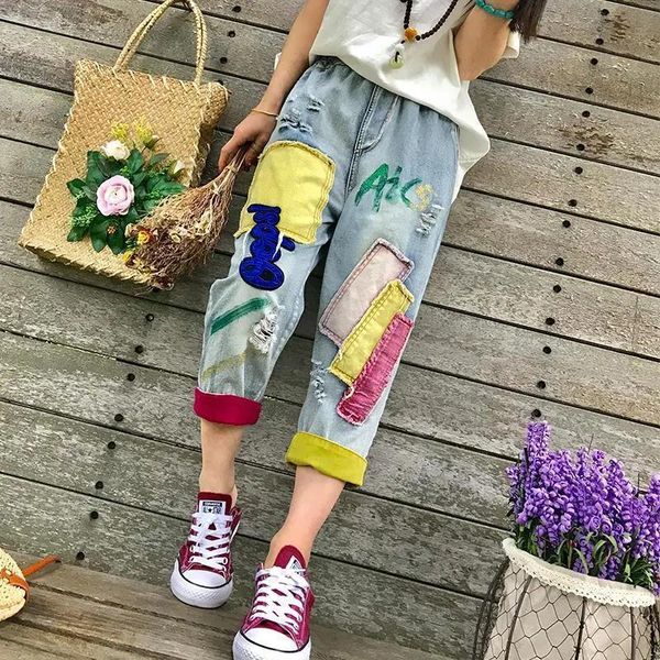 

women's jeans denim capri pants women 's fashion personality patch loose high waist plus size contrast color ankle-tied harem, Blue