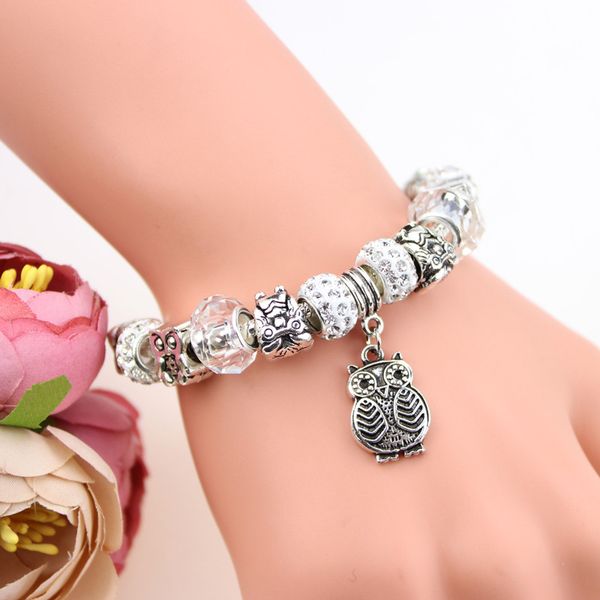 

owl pendant white crystal/glass beads prettyl noble elegant charm pand bracelets, Golden;silver