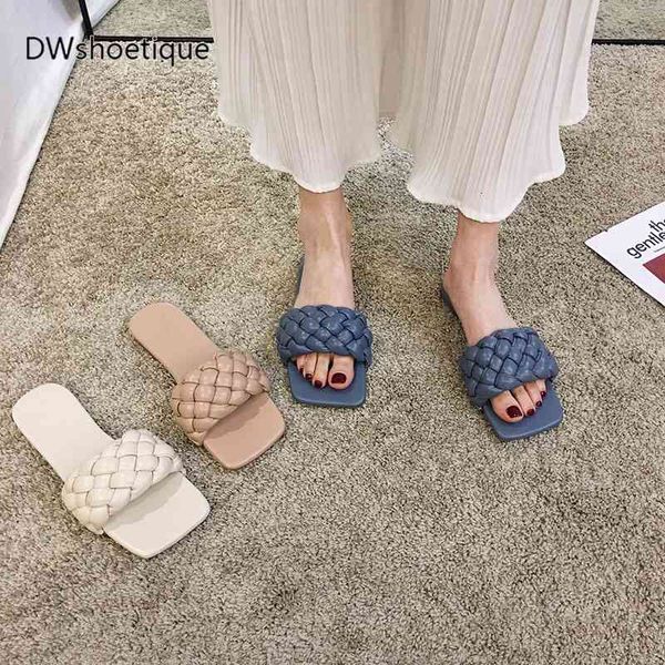 

slippers woven square toe slides rubber sole slip on women summer, Black