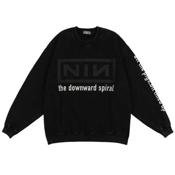 

men's hoodies fashion brand nin round neck pullover sweater american street men's loose long sleeve plush sweater bottoms, Black