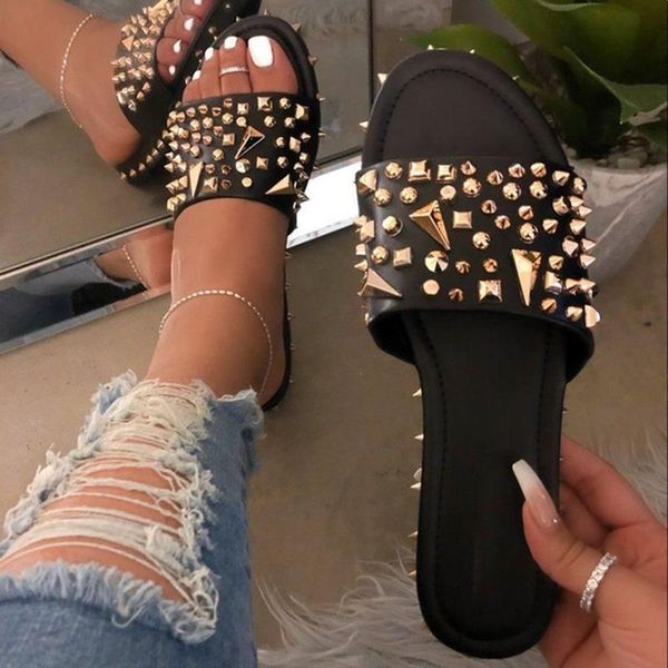 

sandals ladies black rivet flat serpentine slippers summer crystal shoes