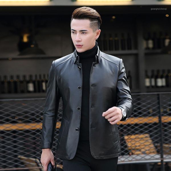 

genuine leather clothes mens slim-fit handsome fashion casual sheepskin trench long coat men's & faux, Black
