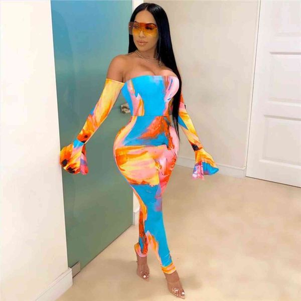 

fashion tie dye print women jumpsuit off shoulder long flare sleeve bodycon romper party clubwear, Black;white