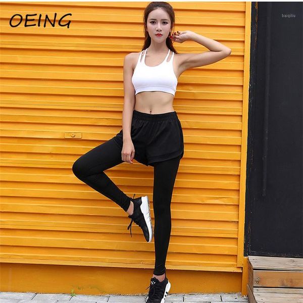 

yoga outfit women pants fitnes leggings sport fake two piece running 2-in-1