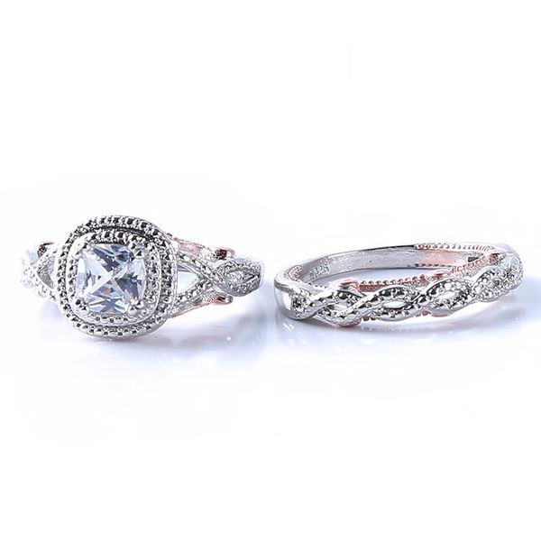 

2pcs/set luxury square two tone crystal jewelry anniversary proposal promise gift party bridal engagement wedding band ring rings, Slivery;golden