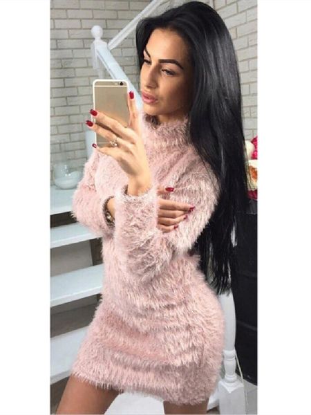 

casual dresses women fall winter warm furry high neck long sleeve sweater dress turtleneck solid night-club tight, Black;gray
