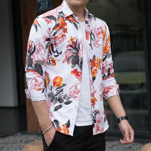 

boutique fashion shirt autumn large men's printed long sleeve, White;black