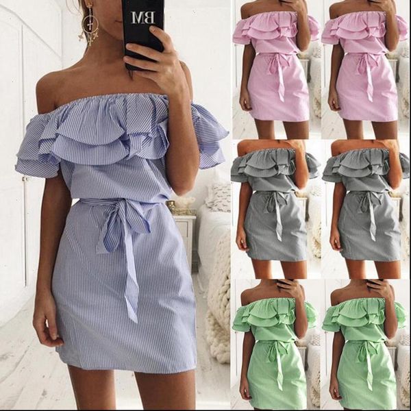 

off shoulder strapless women dresses striped ruffles dress summer sundresses beach casual shirt short mini party robe, Black;gray