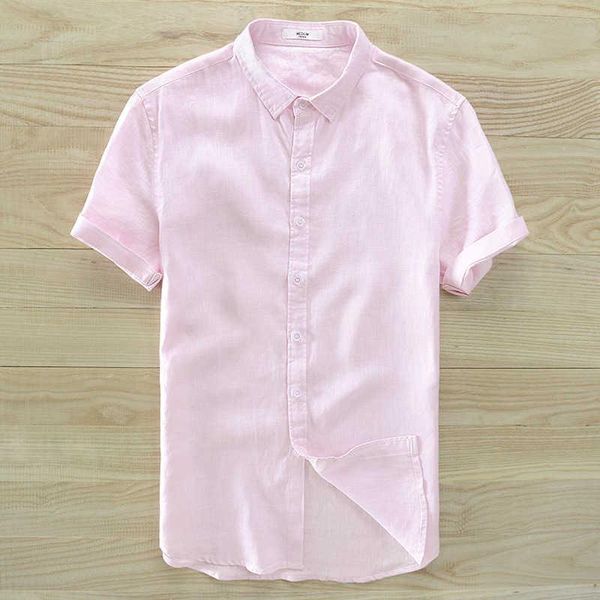 

men's casual shirts pure linen short sleeve shirt white pink blue gray summer men sinple dress for me arrivals, White;black