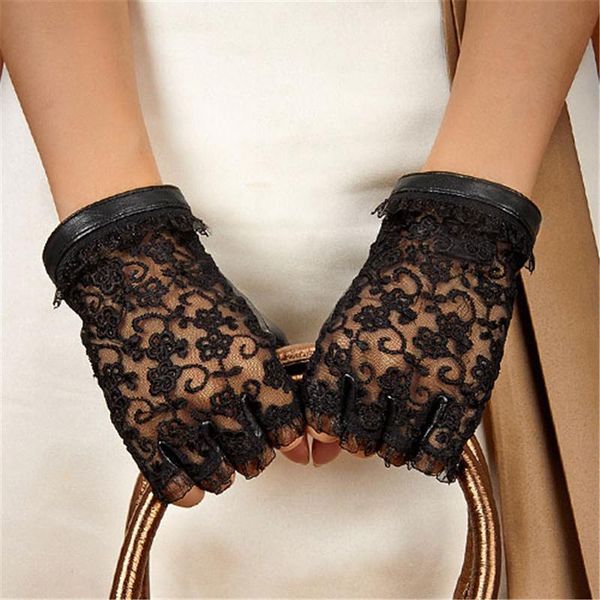 

five fingers gloves 2021 medival lolita women lace genuine leather unlined nappa lambskin wrist sunscreen, Blue;gray