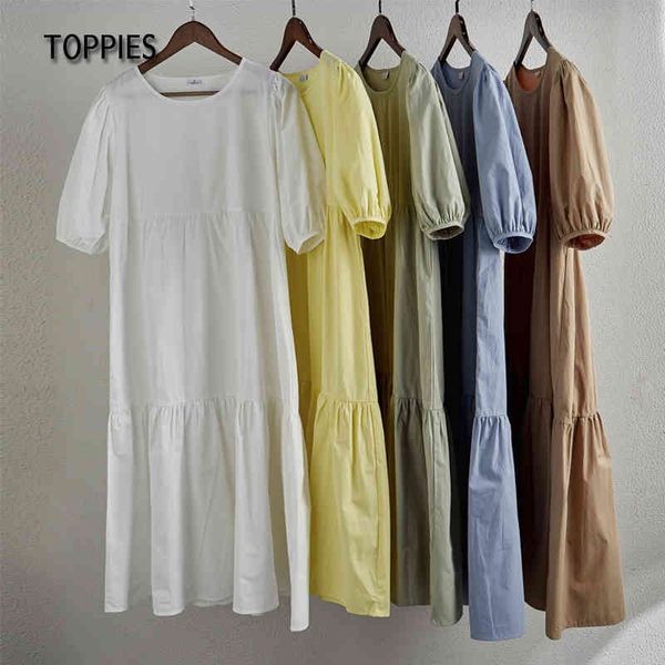 Toppies Weißes Baumwollkleid mit Puffärmeln, Damen-Sommer-Midikleid, kurze Ärmel, kaskadierende Rüschen, Blusen, Kleid 210412