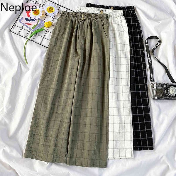 Neploe Mode Breite Bein Hosen Hohe Taille Plaid Casual Baumwolle Leinen Hosen Streetwear All-match Lose Koreanische Jogginghose 210422