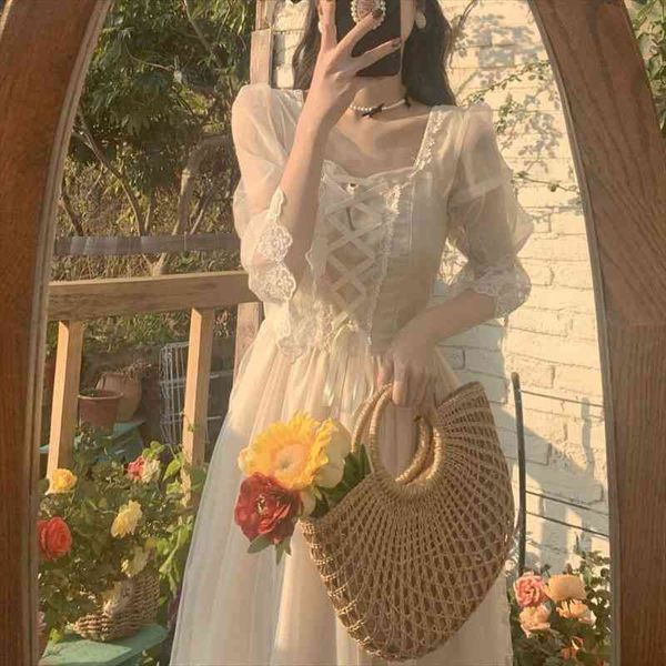 

french vintage midi dress women lace elegant princess party fairy dress female autumn casual korean wedding victorian, Black;gray