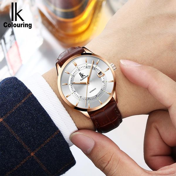 

colouring men watches automatic watch leather strap 3atm waterproof business sport mechanical wristwatch wristwatches, Slivery;brown