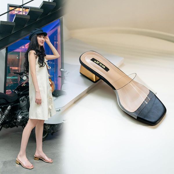 

slippers brand transparent women gold thick heels slip on beach slides shoes clear crystal jelly sandals 34-43 flip flops female, Black