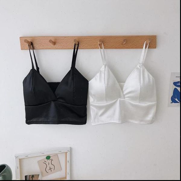 

wireless bralette crochet womens cami satin crop spaghetti strap cropped with chest padded camisole, White