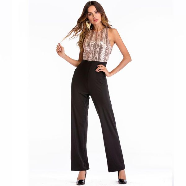 

women's jumpsuits & rompers women o-neck cold shoulder fish scale sequin patchwork jumpsuit back cut out casual party long pants re, Black;white