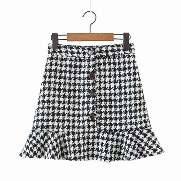 

skirts vintage chic ruffles houndstooth tweed skirt women fashion buttons high waist mini female casual streetwear rn7k, Black