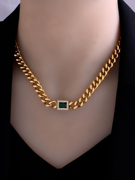 

light luxury emerald necklace titanium steel retro clavicle chain european and american hip hop cuban pendant necklaces bracelet&earrings se, Silver