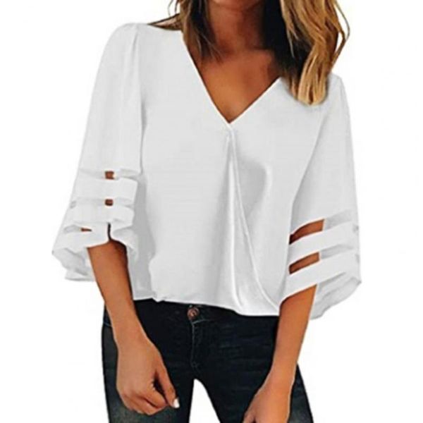 

women's blouses & shirts v-neck flared sleeves mesh patchwork summer plus size casual loose women blouse solid red 5xl, White