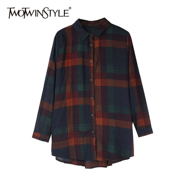 

plaid loose shirt for women lapel long sleeve hit color casual irregular hem shirts female fashion clothing 210524, White