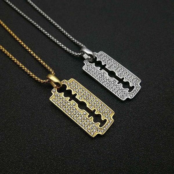 

iced out bling shaving blade pendant with chain stainless steel rhinestone gold color men's hip hop street jewelry drop necklaces, Silver