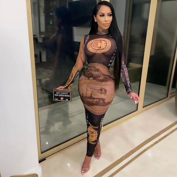 

dollar money print mesh autumn see through long pencil dress women mock neck bodycon midi dresses casual, Black;gray
