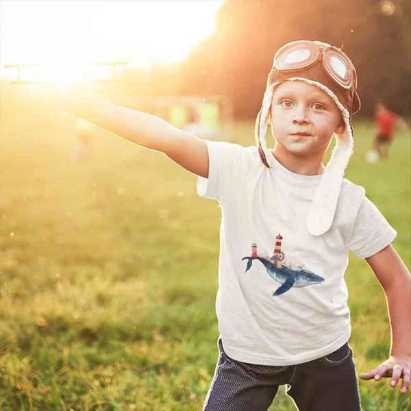 

play boy t shirt summer casual aesthetic clothes child boys harajuku whale lighthouse oversized hipster cool, Blue