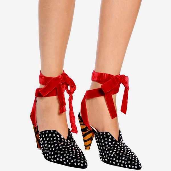 

striped horsehair spike heels rivets sandals ladies full studs suede pointed toe red velvet lace up high, Black