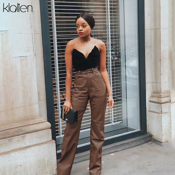 

pants autumn fashion high waist straight trousers women pu leather solid wide leg pants street wild female bottom, Black;white