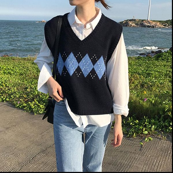 

sleeveless womens sweater pullover spring korean preppy style vintage plaid v neck knitted argyle vest women black gray khaki, White;black