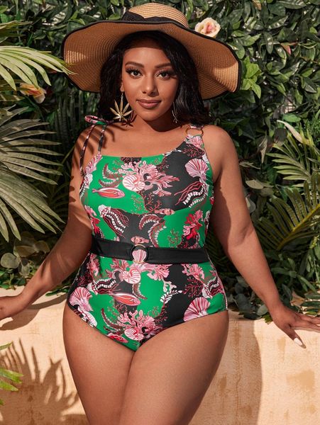 

plus allover print ring linked one piece swimsuit 41ob#, Black