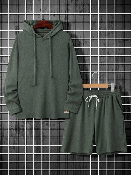 

men patch detail drawstring hoodie & shorts e62z#, Gray