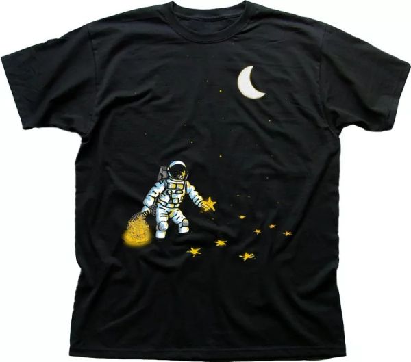 

spaceman star collecting nasa black printed t-shirt 9365, White;black