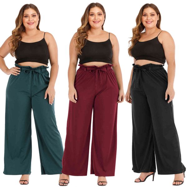 

women's plus size large loose fit straight tube medium high waist micro flared pants solid bandage bow casual 190900