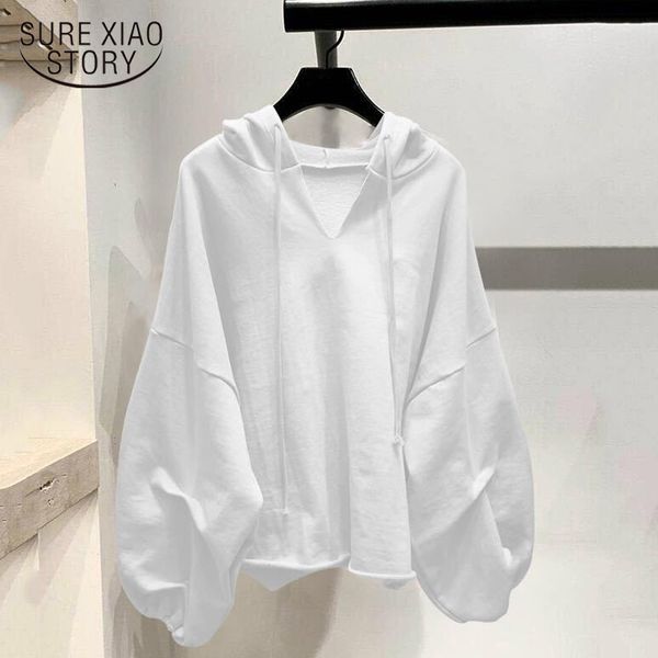

plus size loose lantern sleeve sweatshirt women autumn solid casual women's hoodie v neck pullover ladies clothing 11820 210415, Black